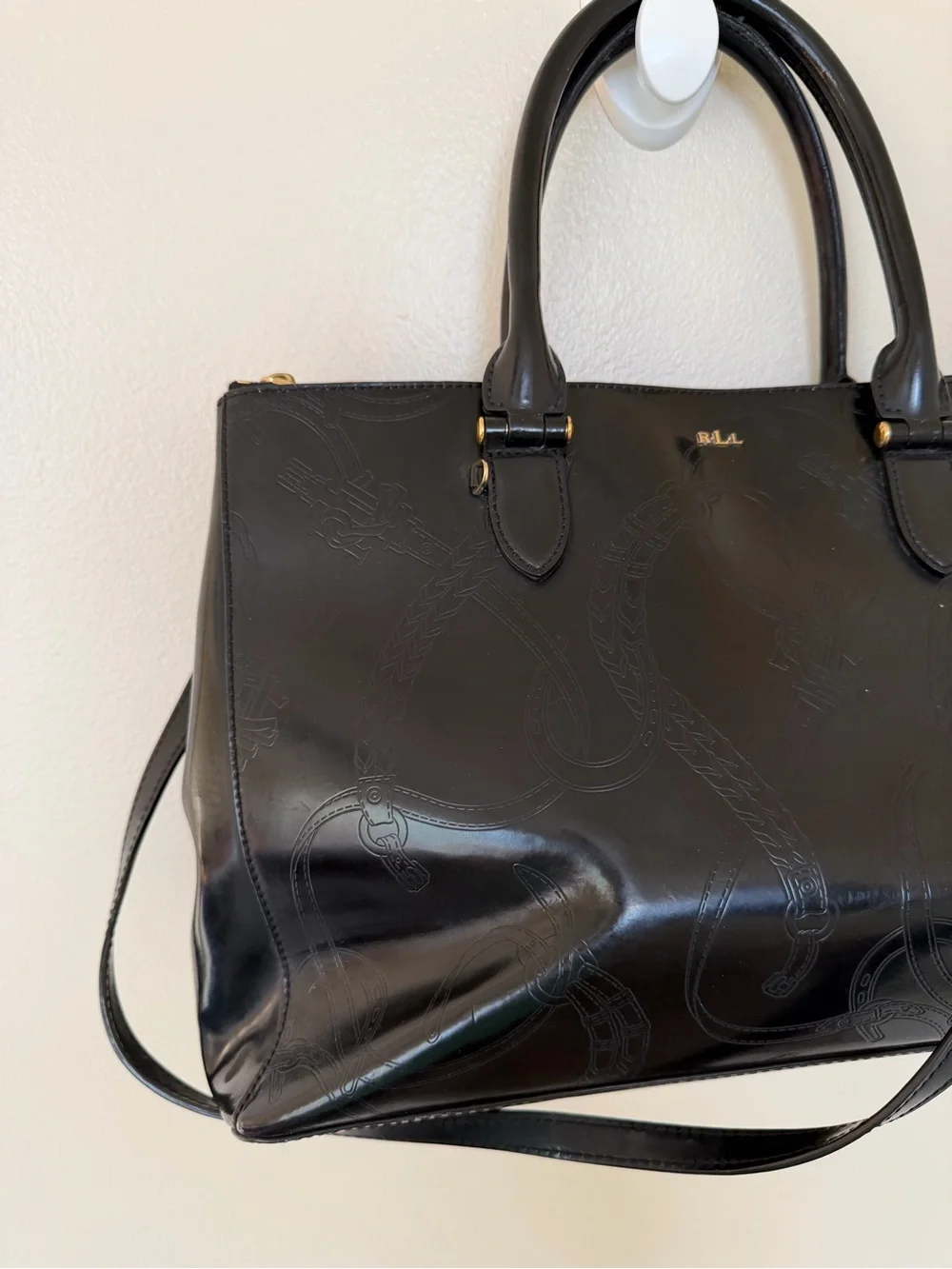 LAUREN RALPH LAUREN Double Zip Embossed Patent Leather Convertible Tote Bag